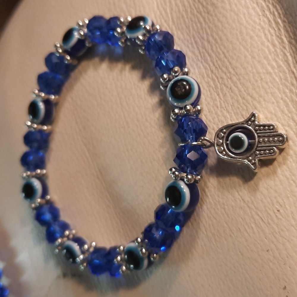 Hamsa Hand All seeing Eye Glass Hand made blue Bracelet